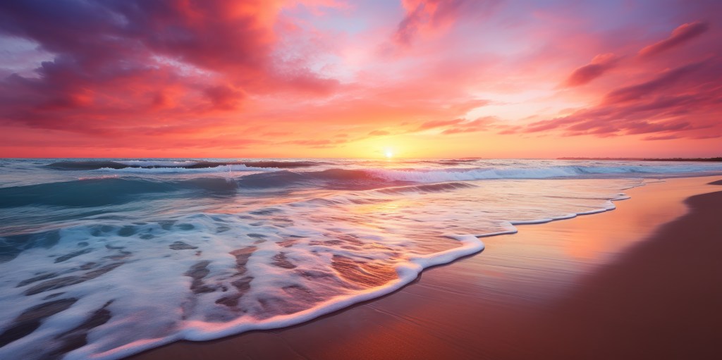 Glorious sunset sky as a backdrop to a tranquil beach.