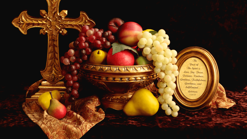 a cross ornament next to a golden bowl of fruit next to a plaque of the fruit of the Spirit